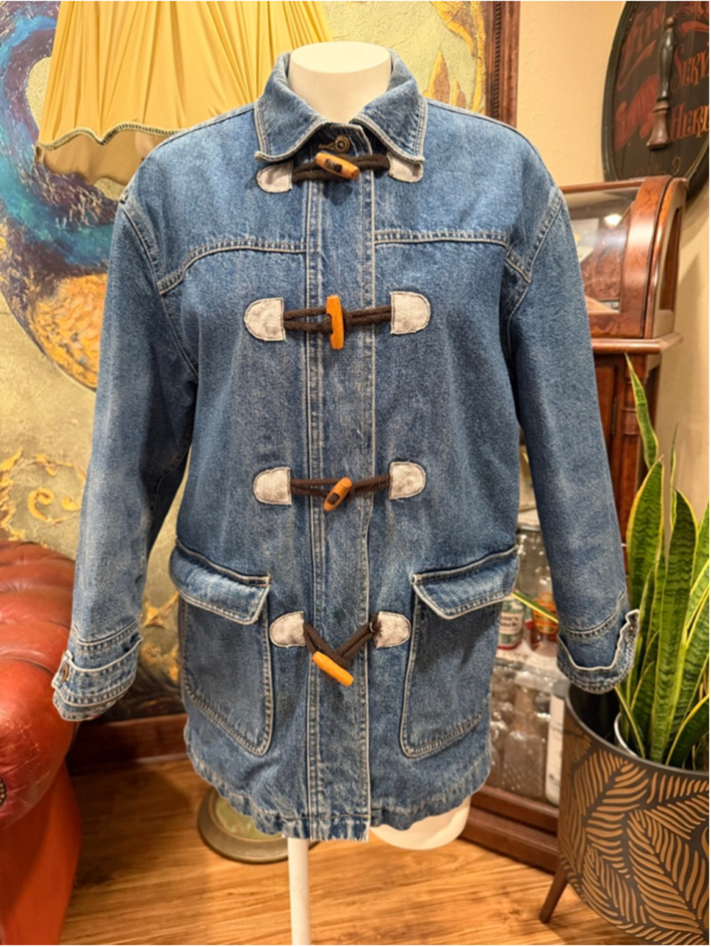 Liz Claiborne Denim Toggle Coat Jacket Plaid Lined Vintage 90s Boho Petite P - Picture 3 of 13